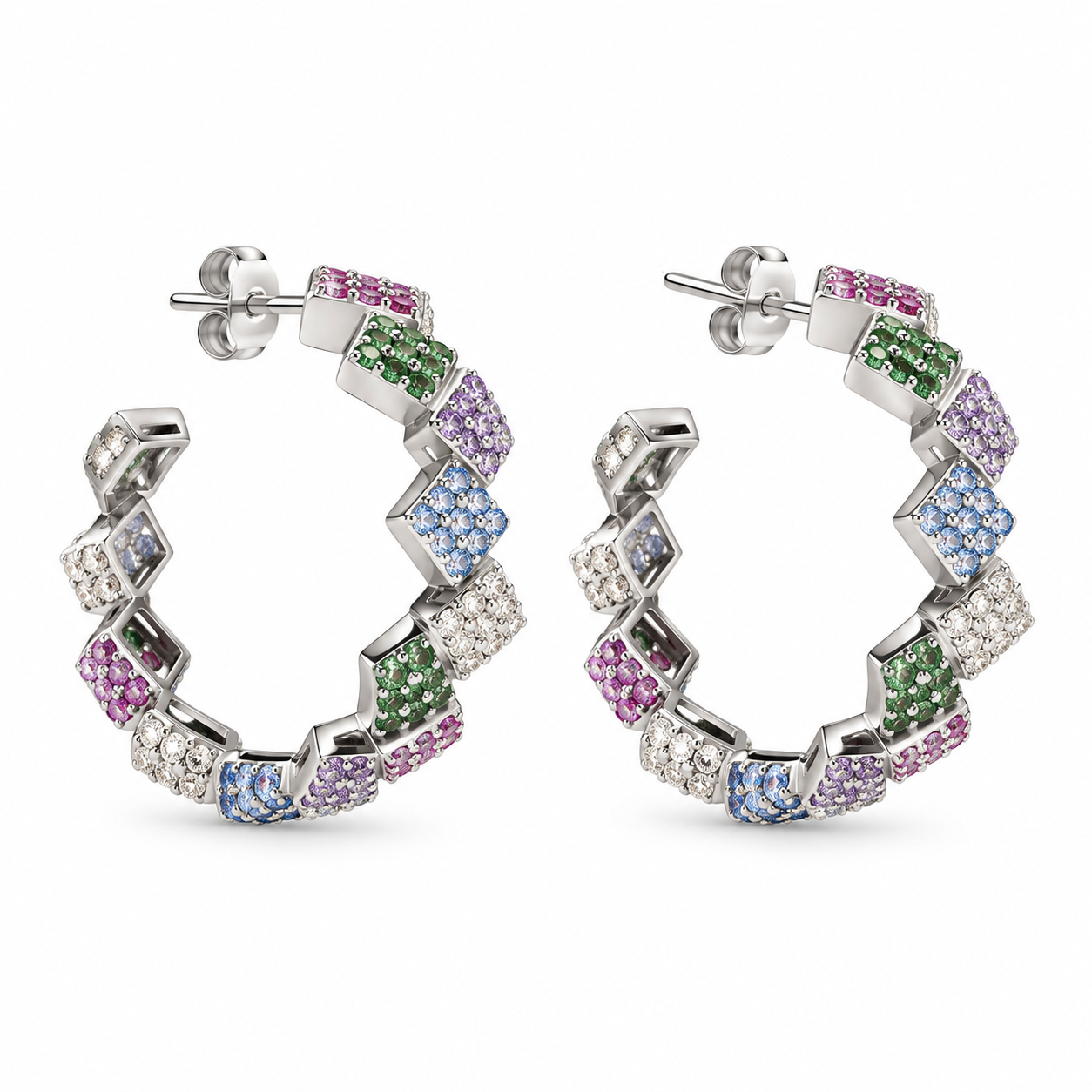 rainbow zircon geometric hoop earrings in 925 sterling silver