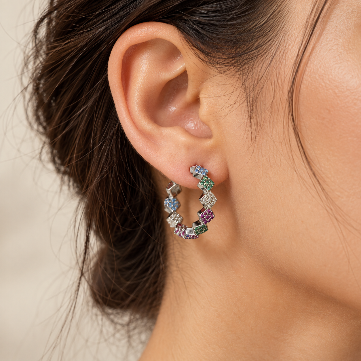 rainbow zircon geometric hoop earrings in 925 sterling silver