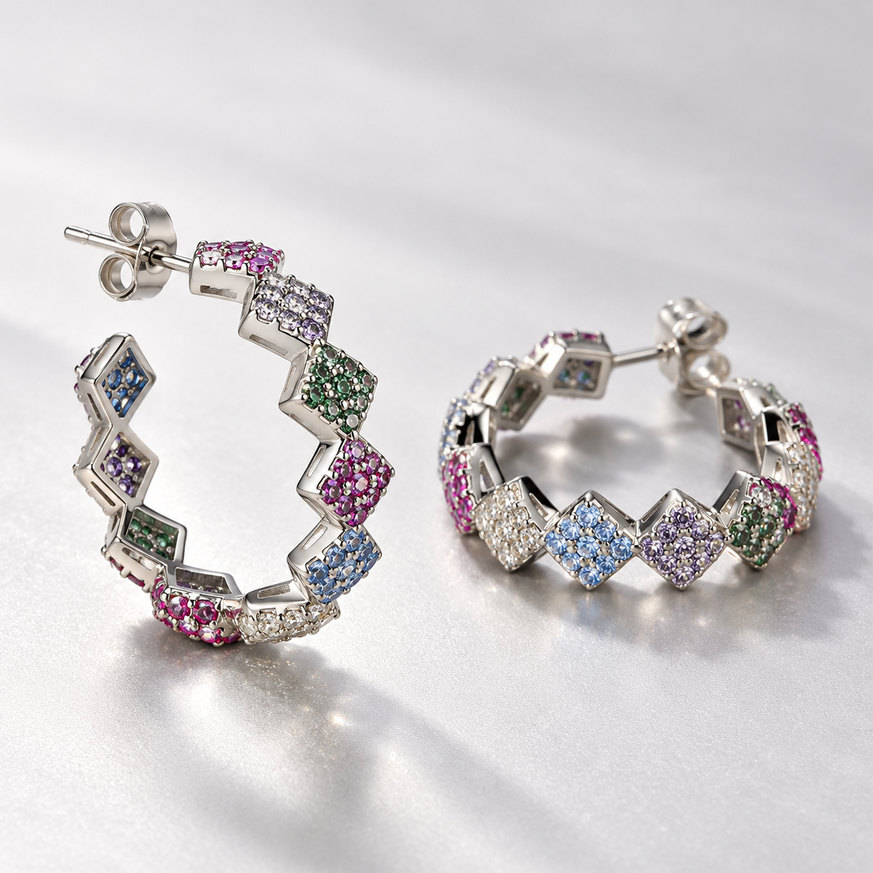 rainbow zircon geometric hoop earrings in 925 sterling silver