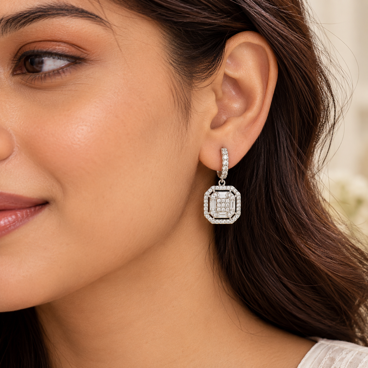cushion halo drop earrings in 925 sterling silver