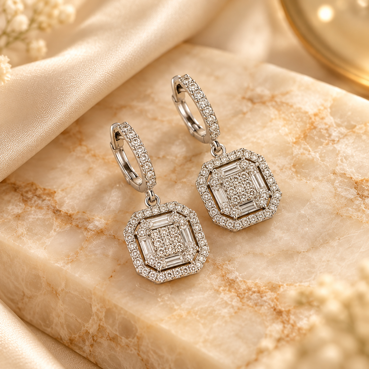 cushion halo drop earrings in 925 sterling silver