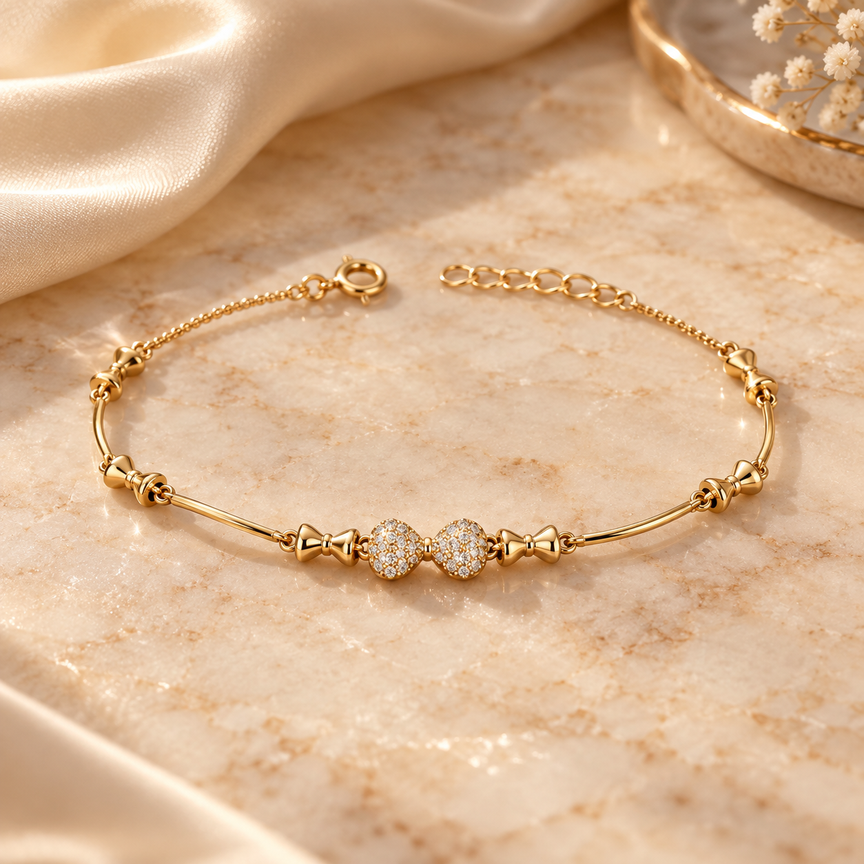 double zircon bead gold-plated 925 sterling silver bracelet