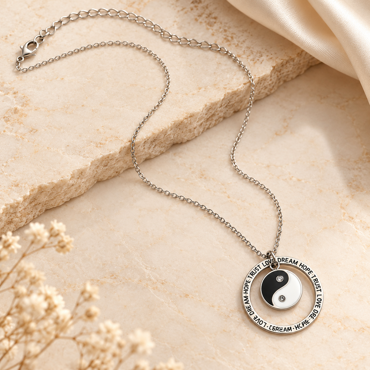 yin yang zircon circle pendant necklace in 925 sterling silver