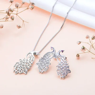 peacock pendant and earring set in 925 sterling silver