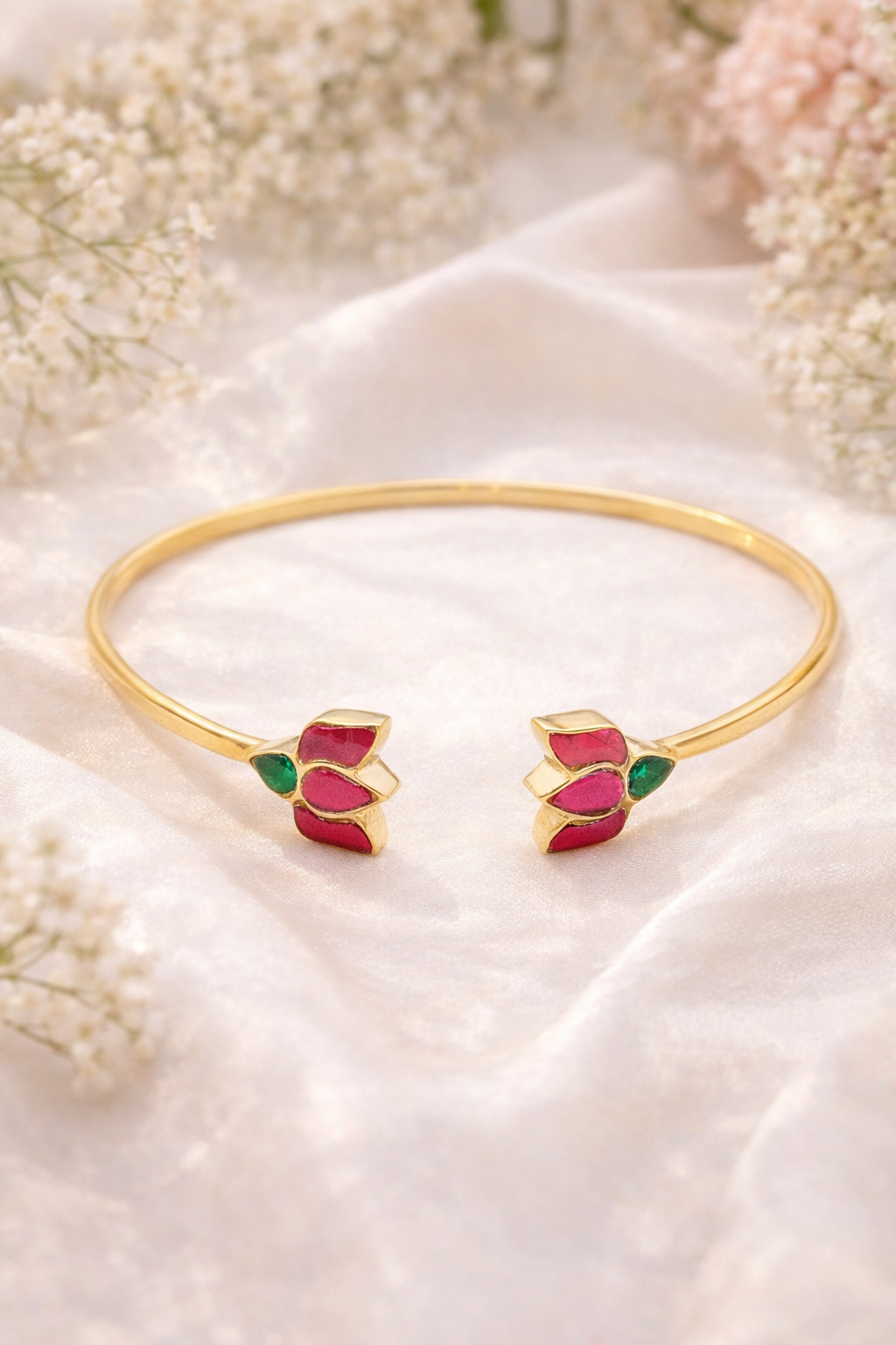 pink lotus 925 sterling silver cuff bangle