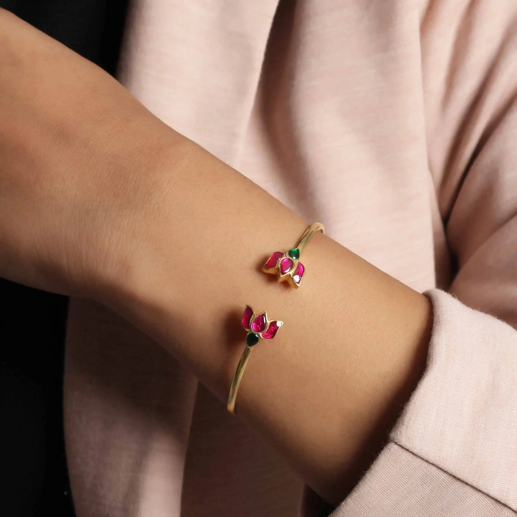 pink lotus 925 sterling silver cuff bangle