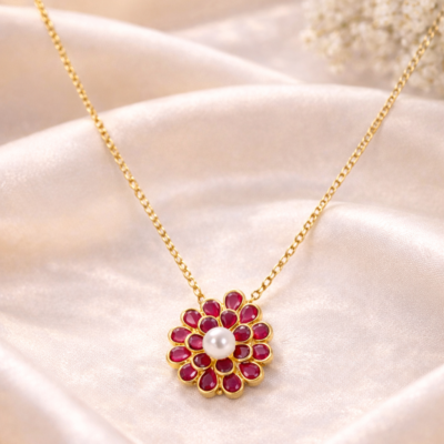 ruby-red zircon & pearl 925 sterling silver pendant necklace