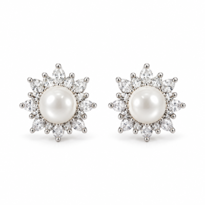 pearl flower halo stud earrings in 925 sterling silver