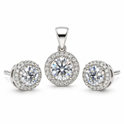 round zircon halo pendant & stud earring set in 925 sterling silver