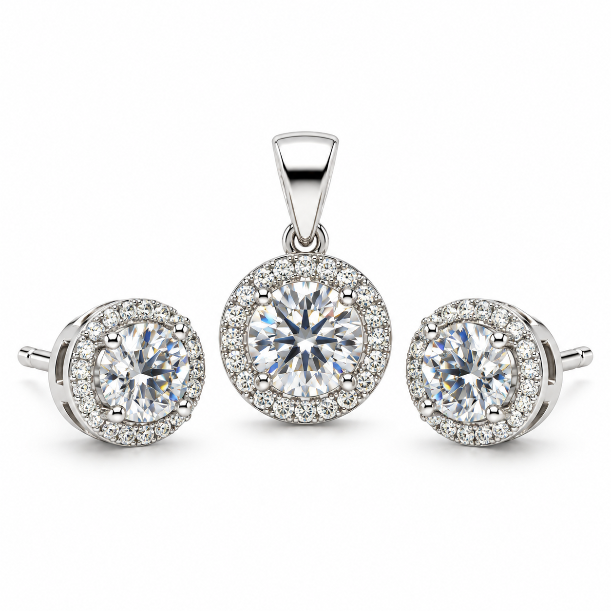 round zircon halo pendant & stud earring set in 925 sterling silver