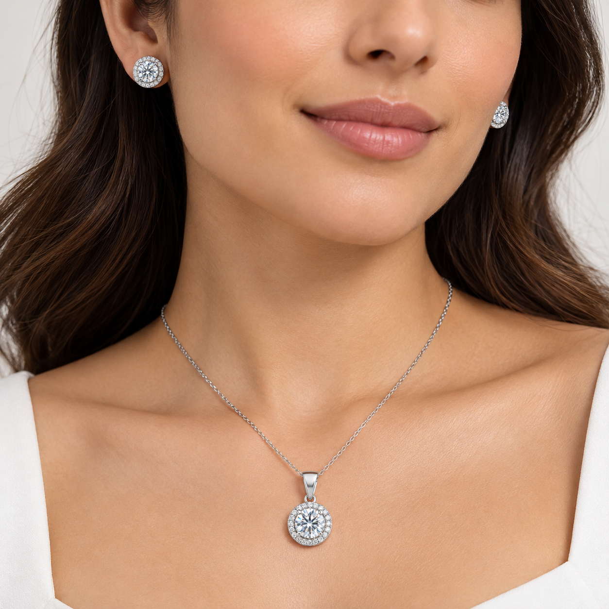 round zircon halo pendant & stud earring set in 925 sterling silver