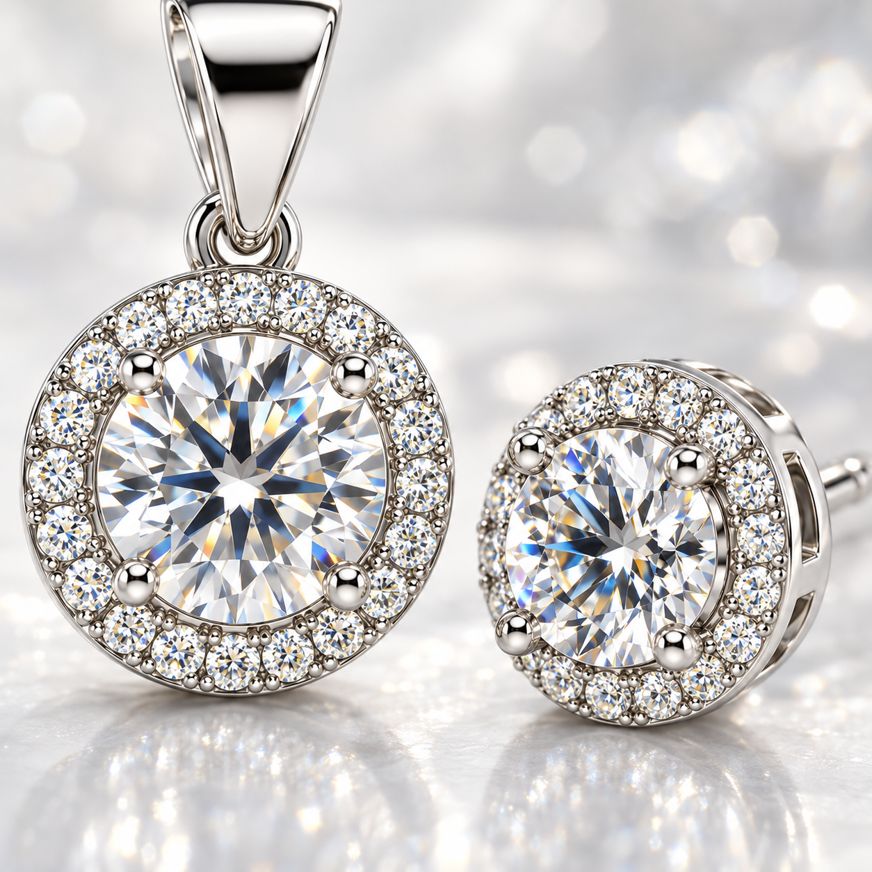 round zircon halo pendant & stud earring set in 925 sterling silver