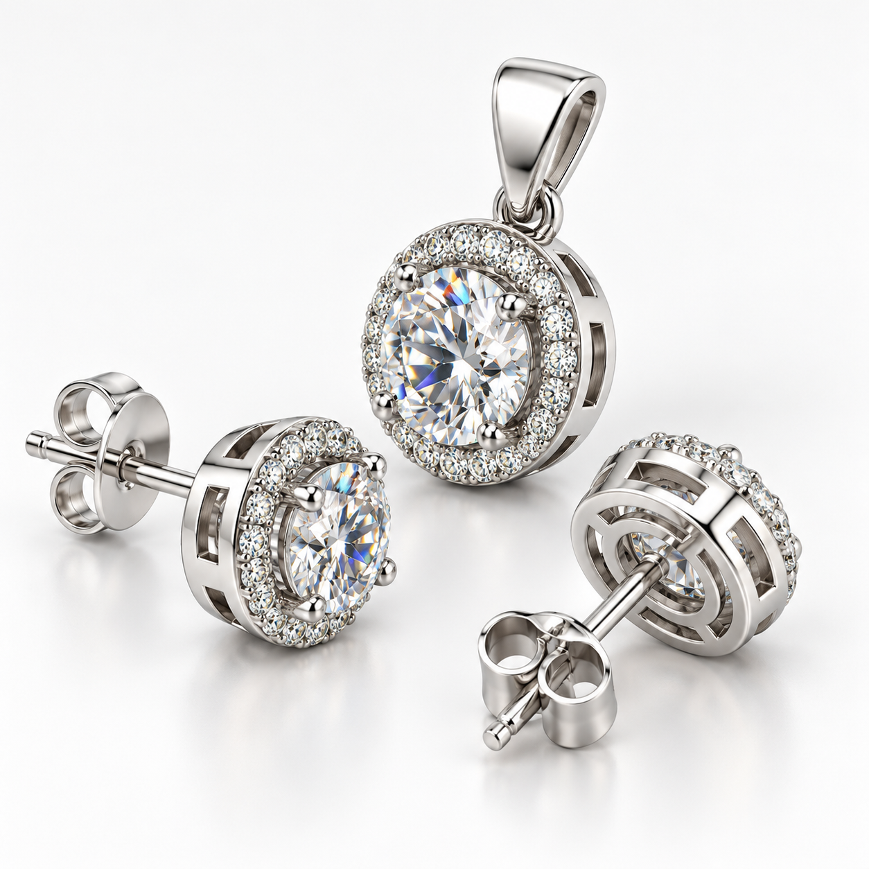 round zircon halo pendant & stud earring set in 925 sterling silver