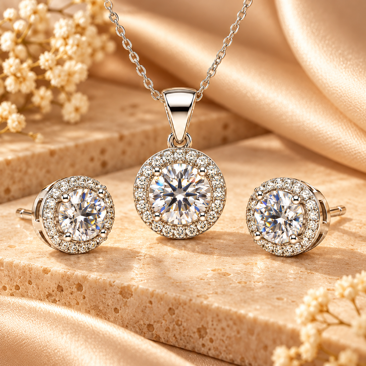 round zircon halo pendant & stud earring set in 925 sterling silver