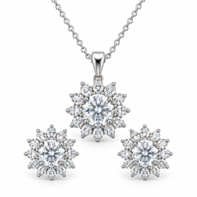 floral cluster zircon pendant & stud earring set in 925 sterling silver