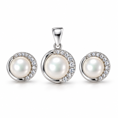 pearl & zircon swirl pendant & stud earring set in 925 sterling silver