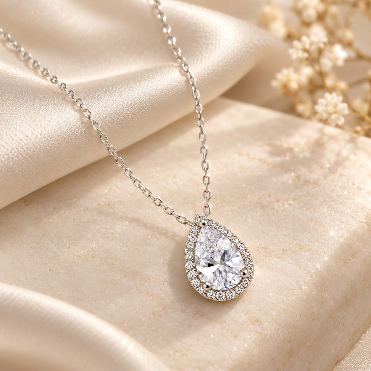 pear-cut halo zircon pendant necklace in 925 sterling silver