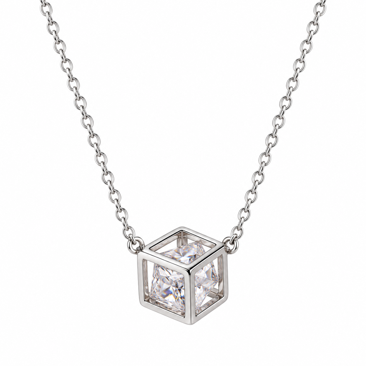 geometric cube zircon pendant necklace in 925 sterling silver