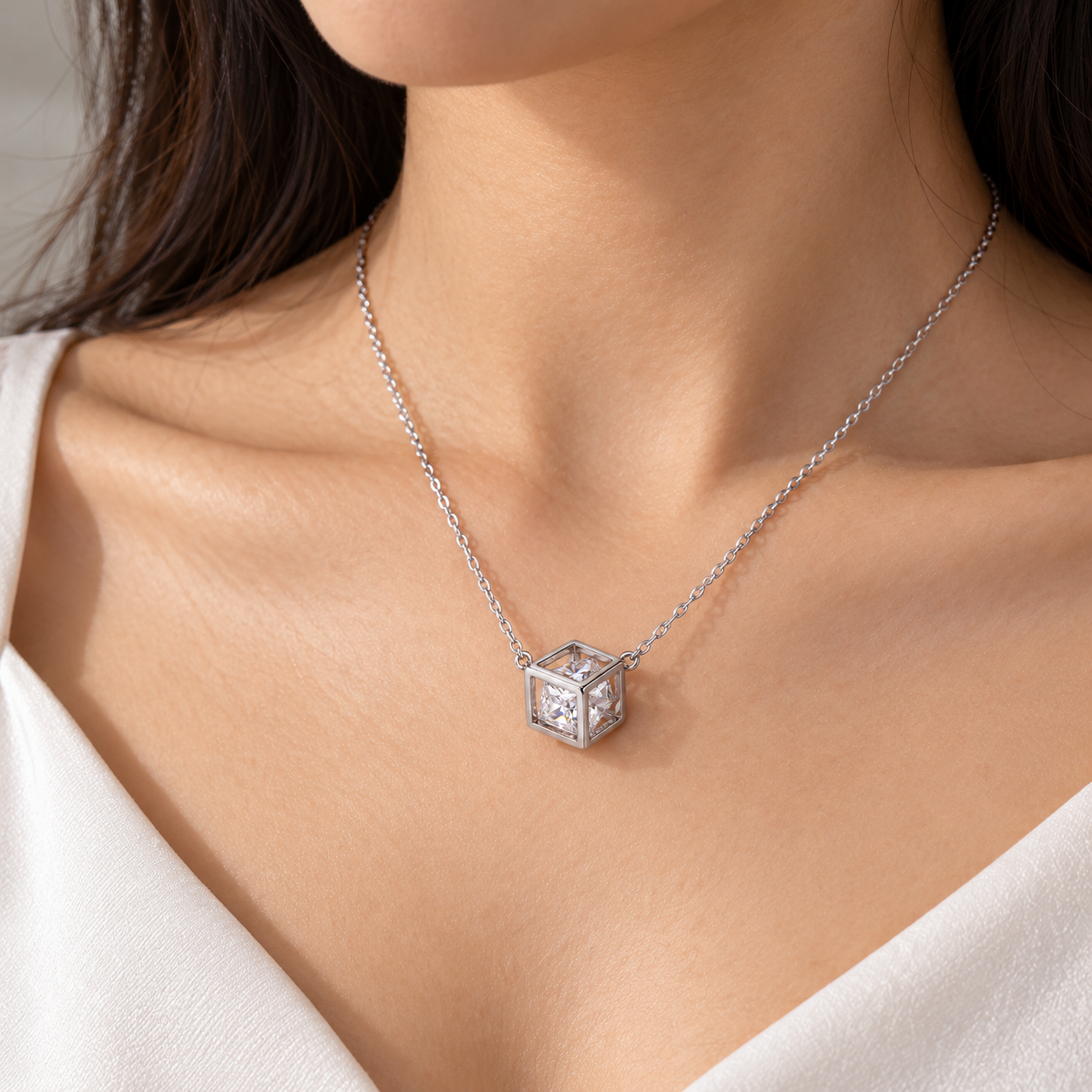 geometric cube zircon pendant necklace in 925 sterling silver