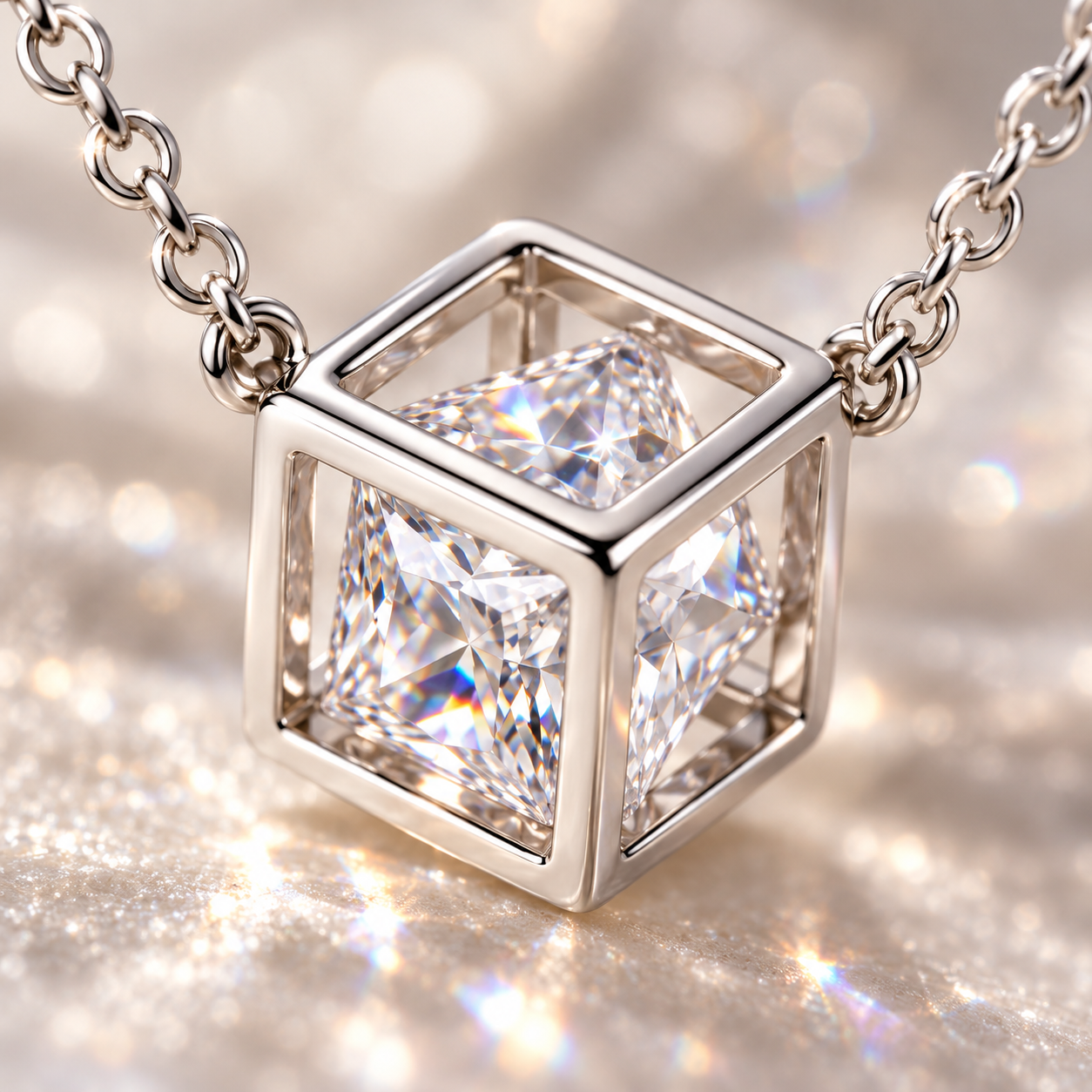 geometric cube zircon pendant necklace in 925 sterling silver