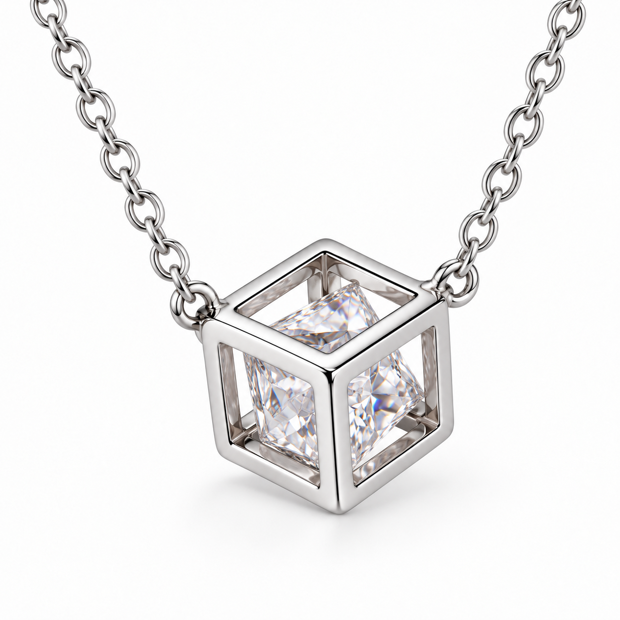 geometric cube zircon pendant necklace in 925 sterling silver