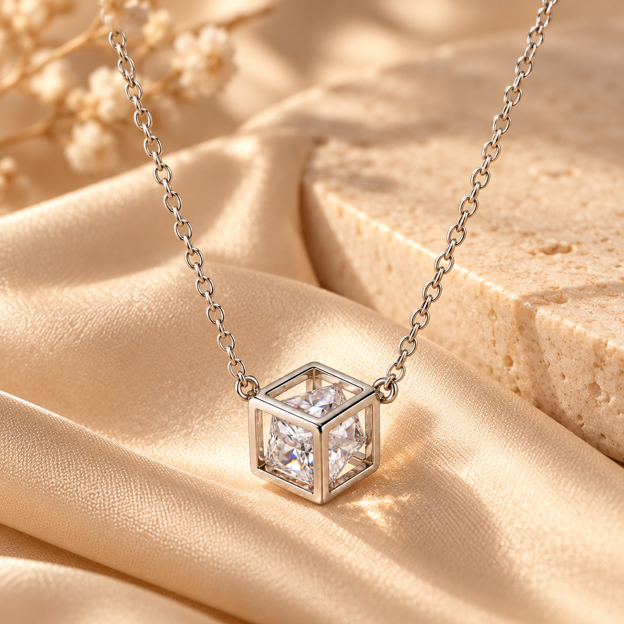 geometric cube zircon pendant necklace in 925 sterling silver