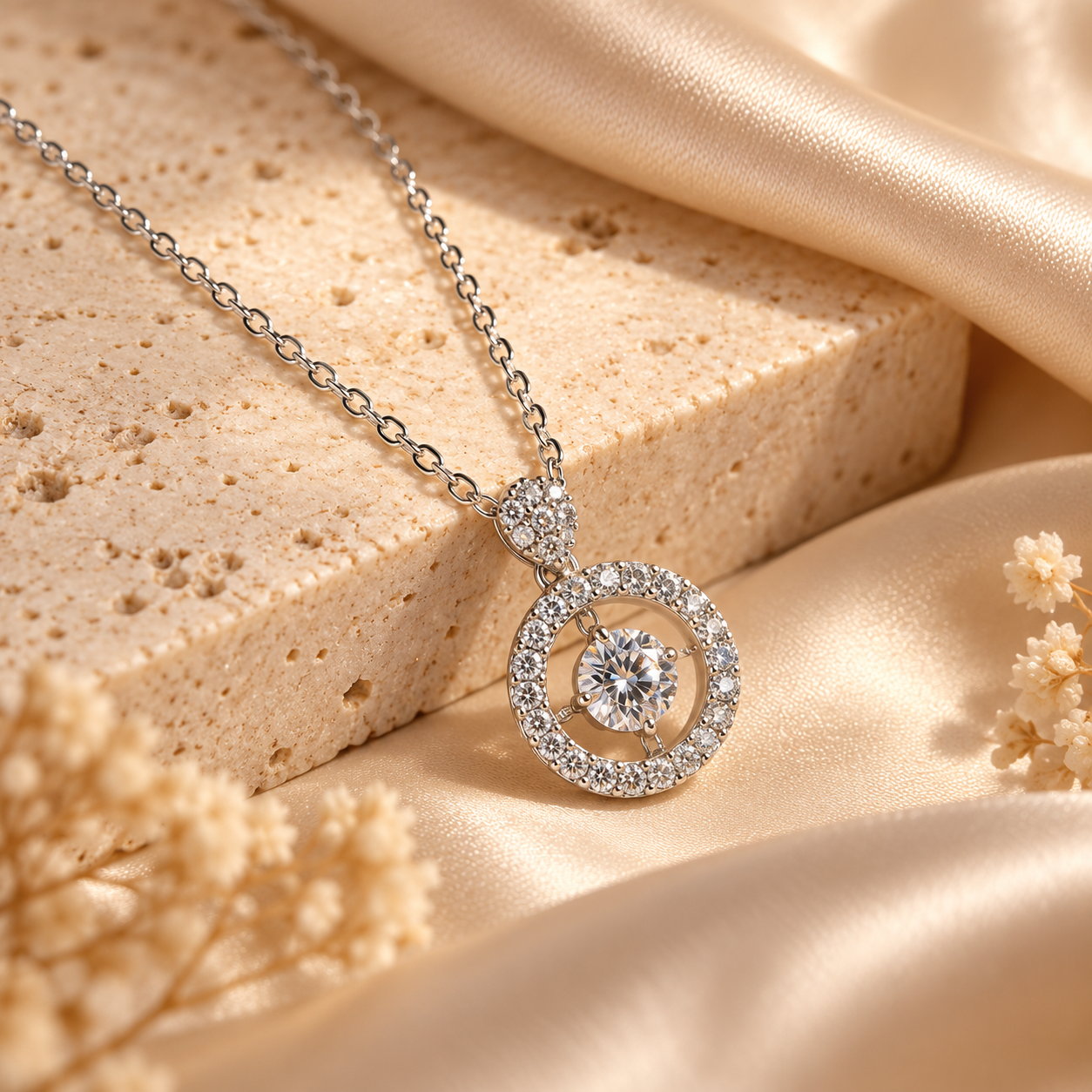 round zircon halo pendant necklace in 925 sterling silver