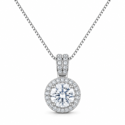 round zircon halo pendant necklace with pavé bail in 925 sterling silver