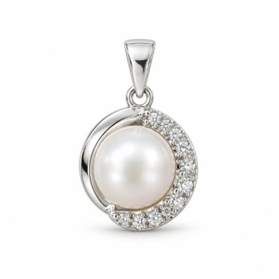 pearl & zircon crescent pendant in 925 sterling silver